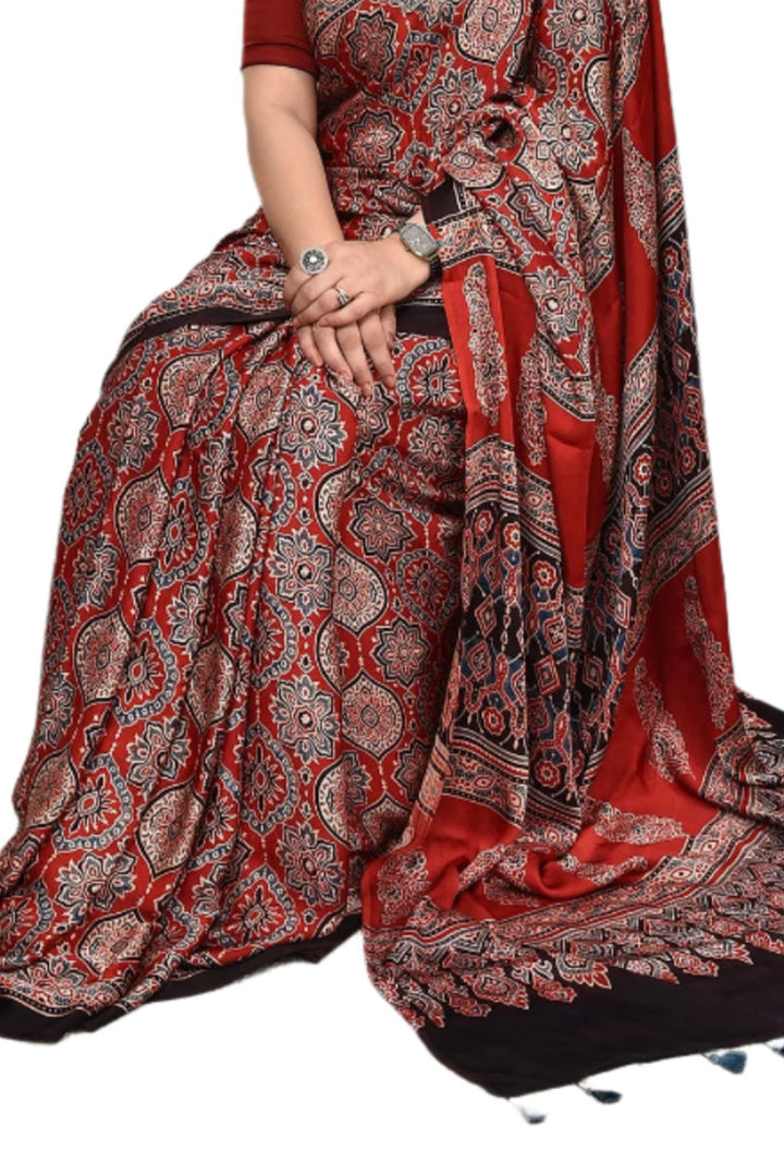 Ajrakh Modal Silk Saree Digital Printed